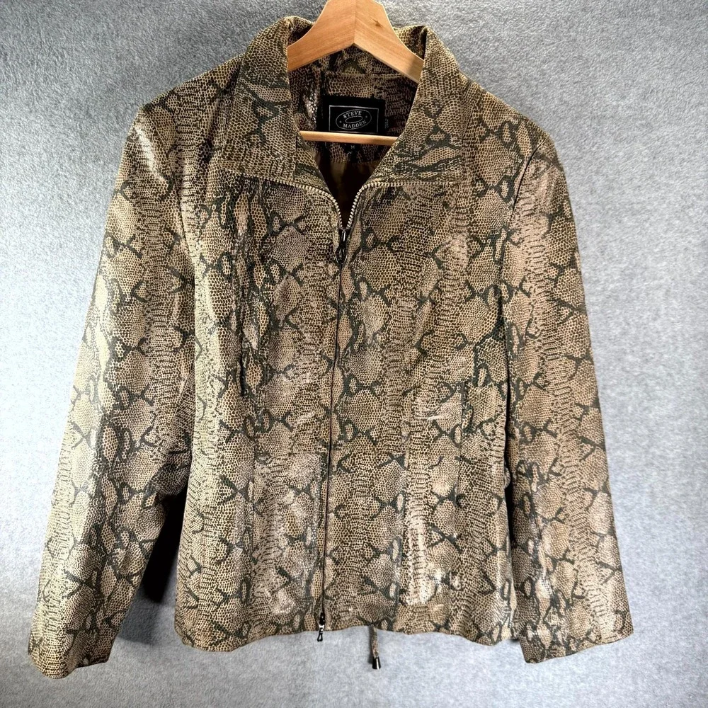 Vintage Steve Madden Leather Jacket Womens Medium Brown Snake Print Full Zip